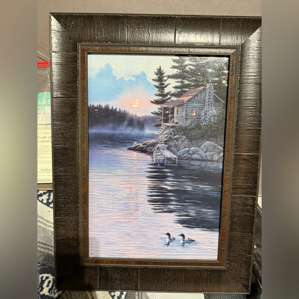 Day's End by Rick Kelley 16x22 Cabin Loons Lake Sunset Framed Art  Décor Picture